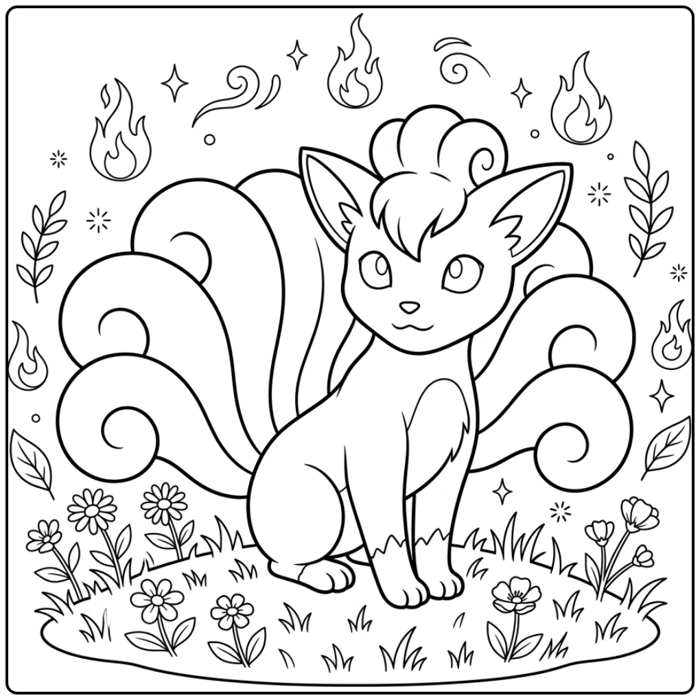 Vulpix pokemon kleurplaat: elegante Vulpix zittend op grasveld.