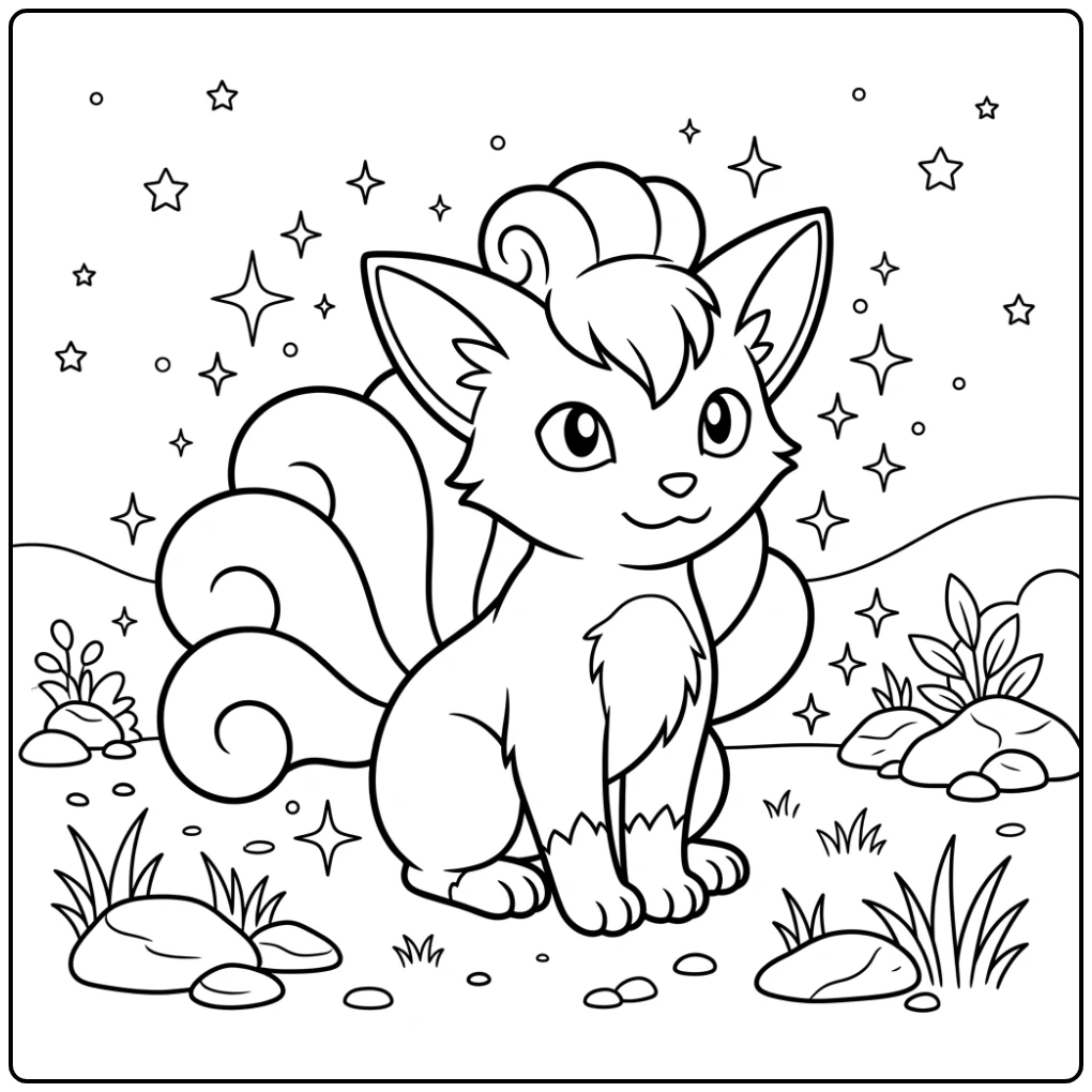 kleurplaat pokemon schattig: Vulpix zit gracieus tussen sterren en rotsen.