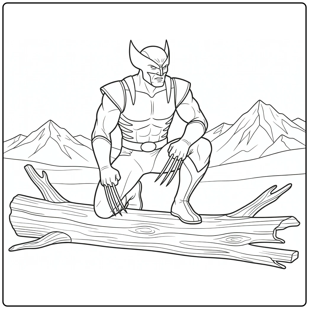 Wolverine kleurplaat: knielend bij boomstam, klauwen uit, bergen