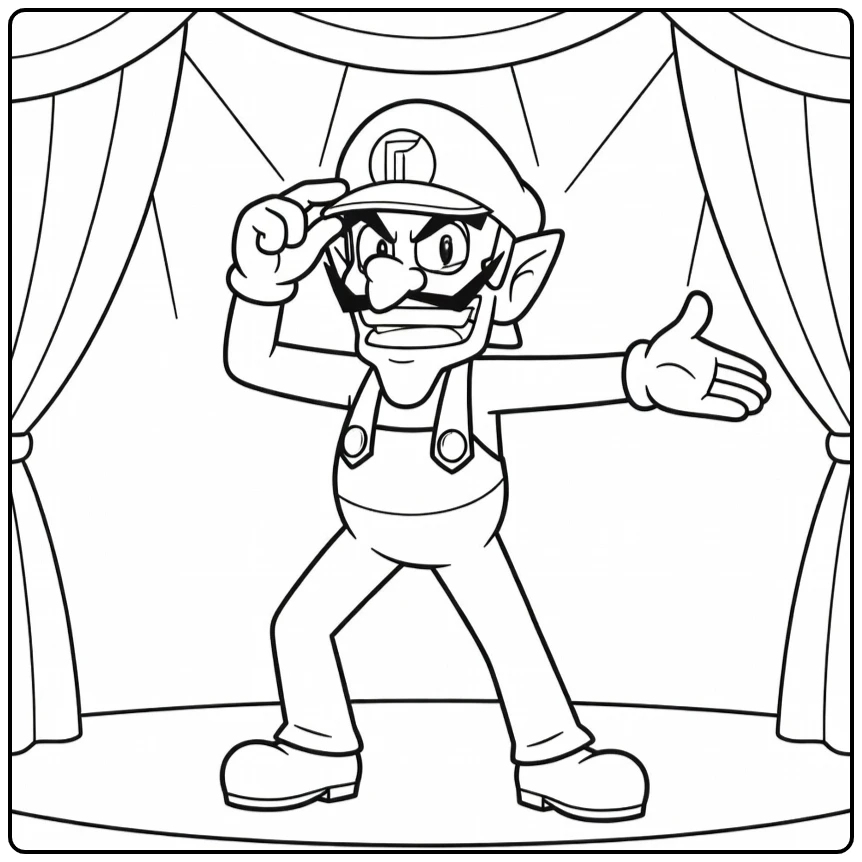 Theatrale waluigi kleurplaat met een grijns op het podium.