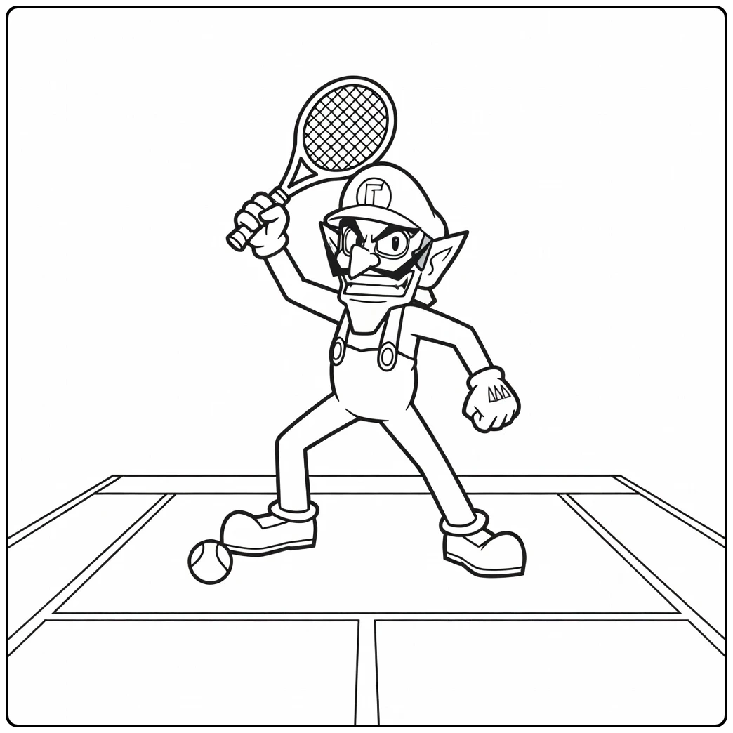 Leuke waluigi kleurplaat op de tennisbaan met racket.