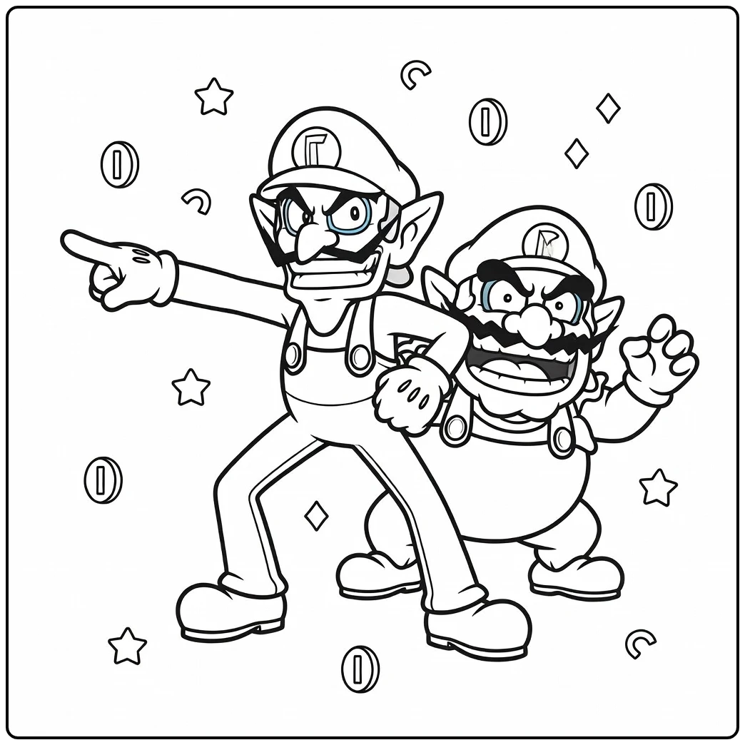 Ontdek deze waluigi kleurplaat met Wario en leuke vormen.