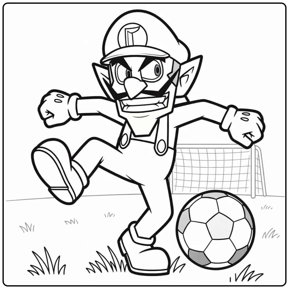 Sportieve waluigi kleurplaat met een voetballende Waluigi.