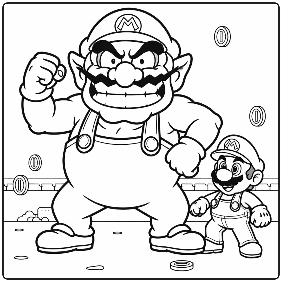 Wario kleurplaat met een rivaliserende Wario en Mario.