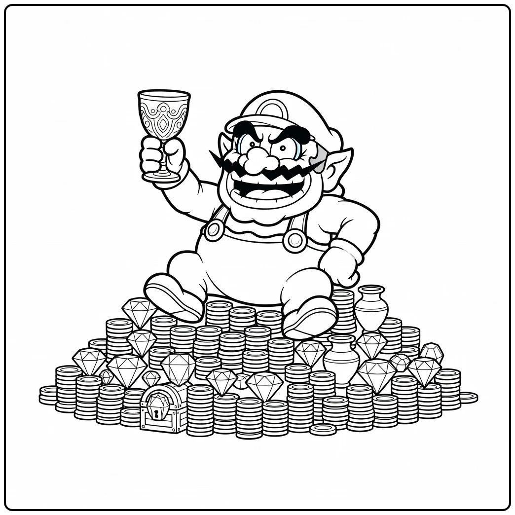 Lachende Wario op een schatberg in deze wario kleurplaat.