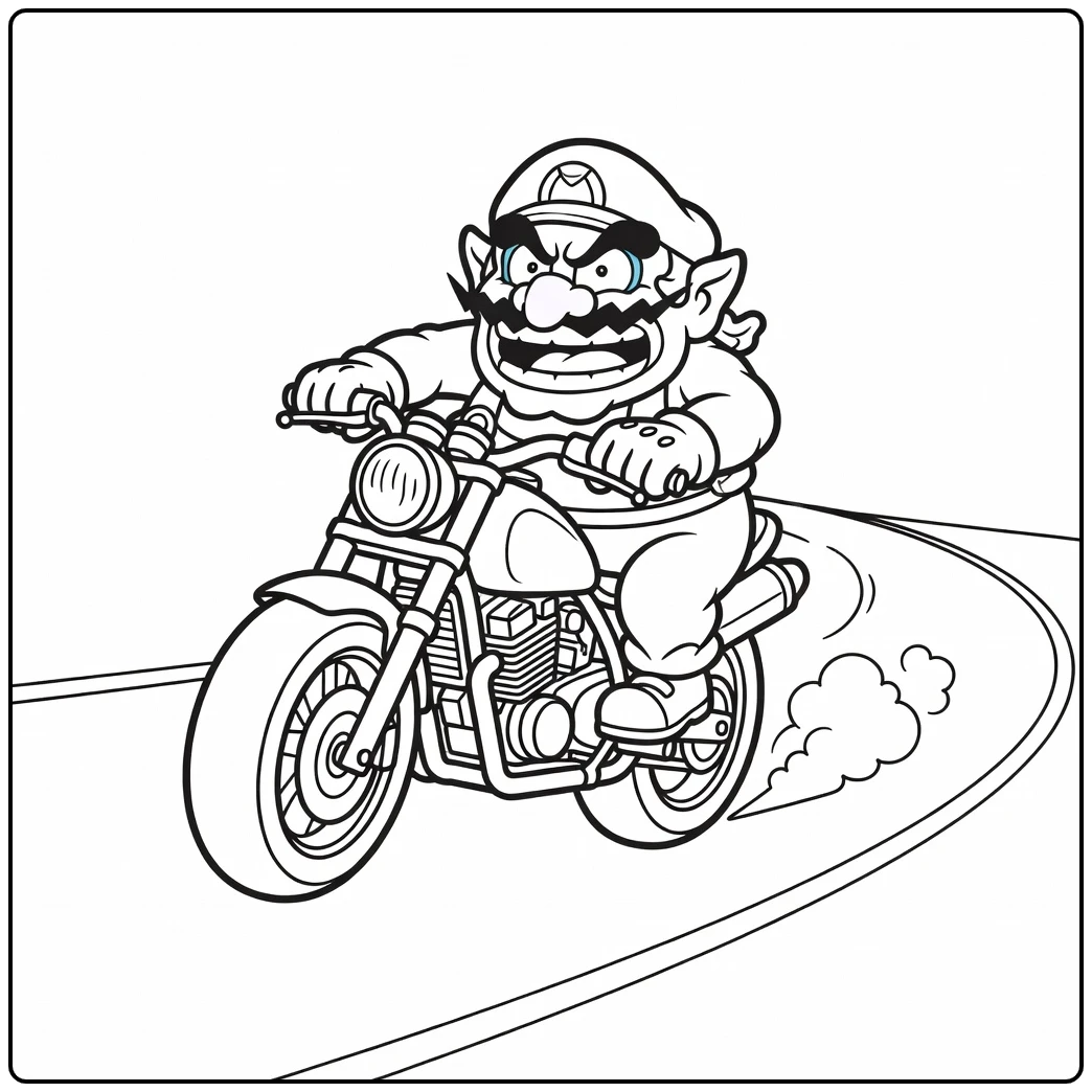 Gave wario kleurplaat racend op zijn stoere motorfiets.
