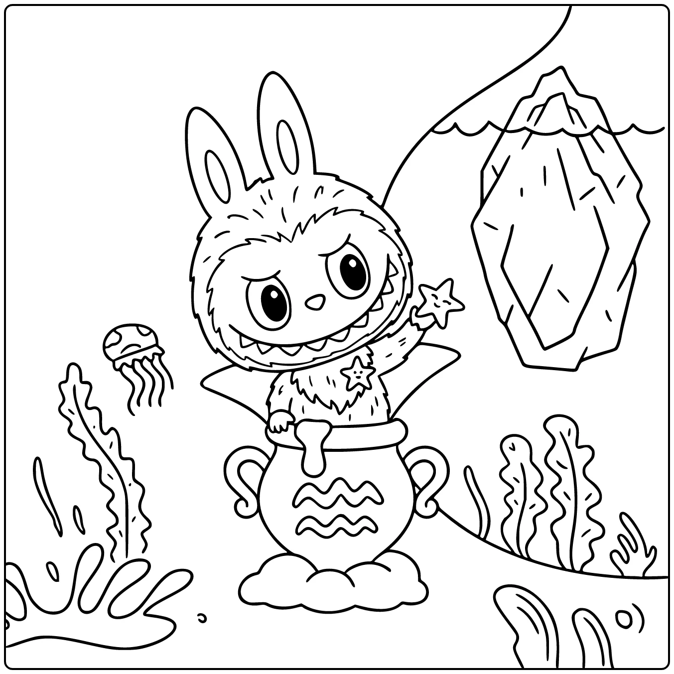 Een Waterman kleurplaat van een monster in een pot onder water.