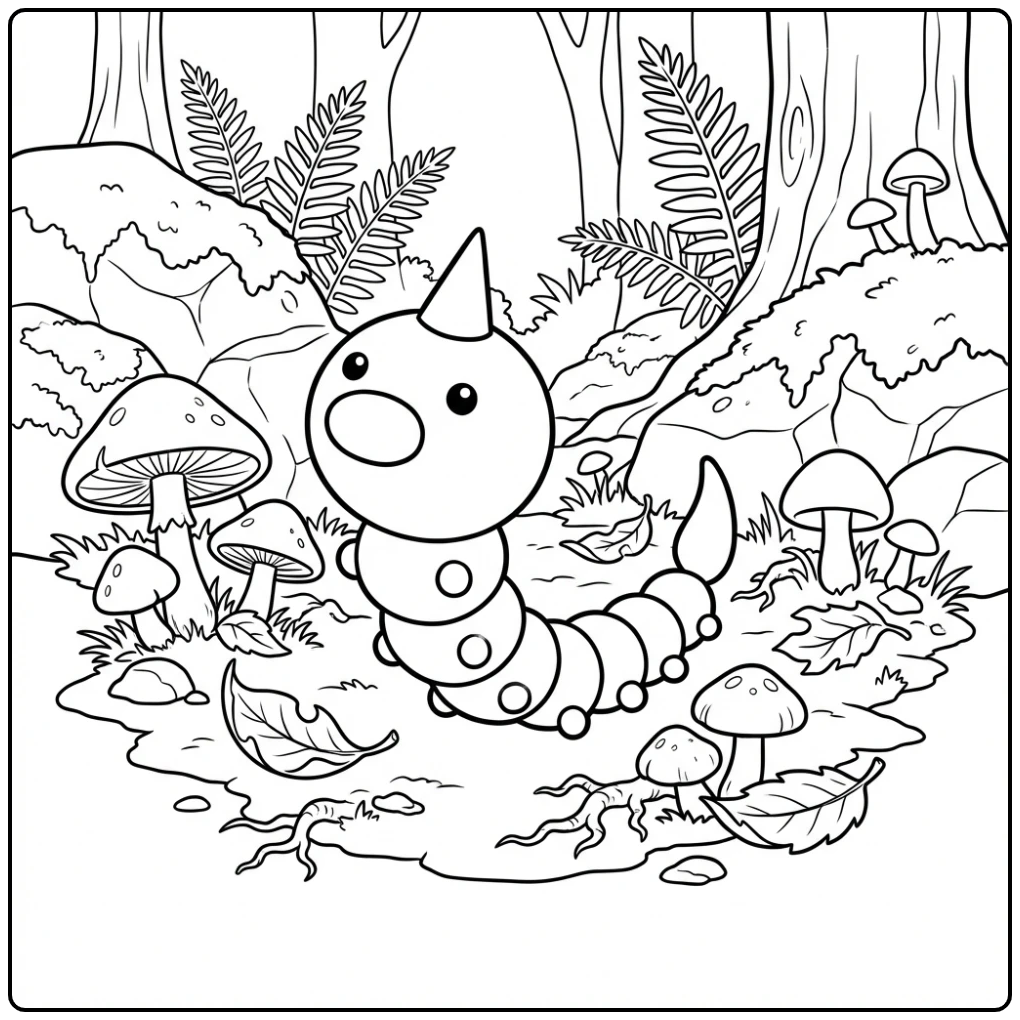 Mooie Weedle kleurplaat in het bos tussen de paddenstoelen.