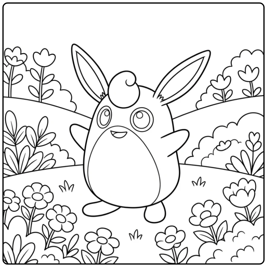 Vrolijke Wigglytuff kleurplaat in een zachte bloemenweide.