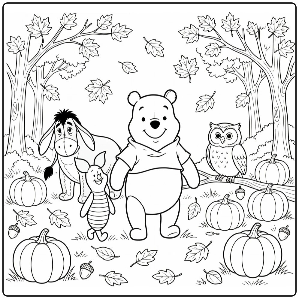 winnie de poeh kleurplaat herfstwandeling met Porretje Iejoor Oehoe