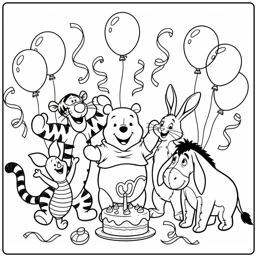 winnie de poeh kleurplaat verjaardagsfeest met knul teigetje