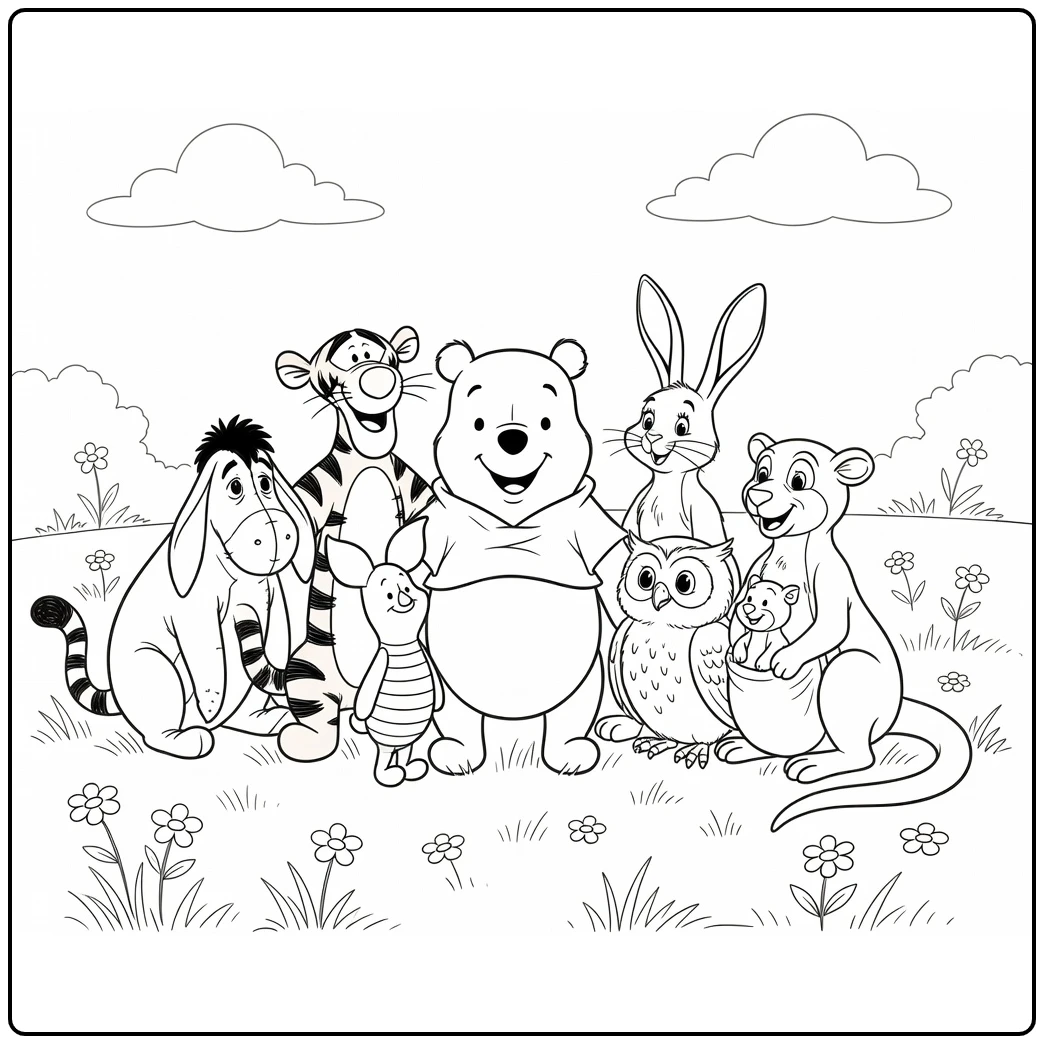 winnie de poeh kleurplaat met vrienden in wei