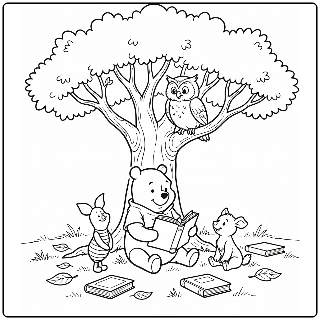 winnie de poeh kleurplaat: Pooh leest onder boom met Uil, Knorretje, Roe