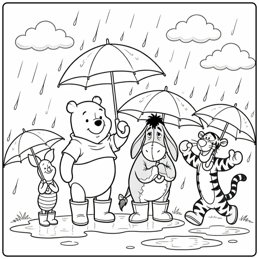 winnie de poeh kleurplaat: Poeh met Knorretje, Iejoor, Tijger in regen