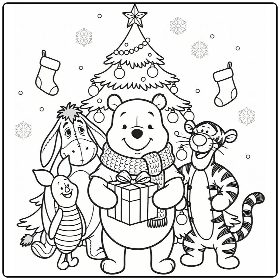 Kleurplaat Winnie the Pooh Kerst: Poeh met sjaal, cadeau en vrienden bij boom