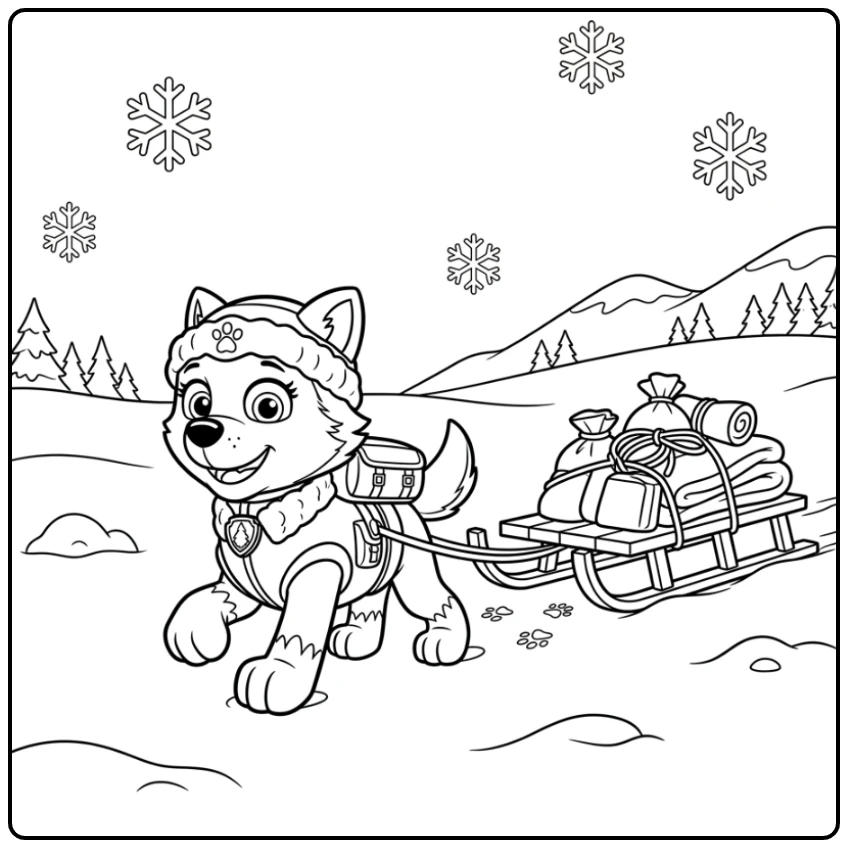 Everest Paw Patrol kleurplaat: husky trekt slee door sneeuw