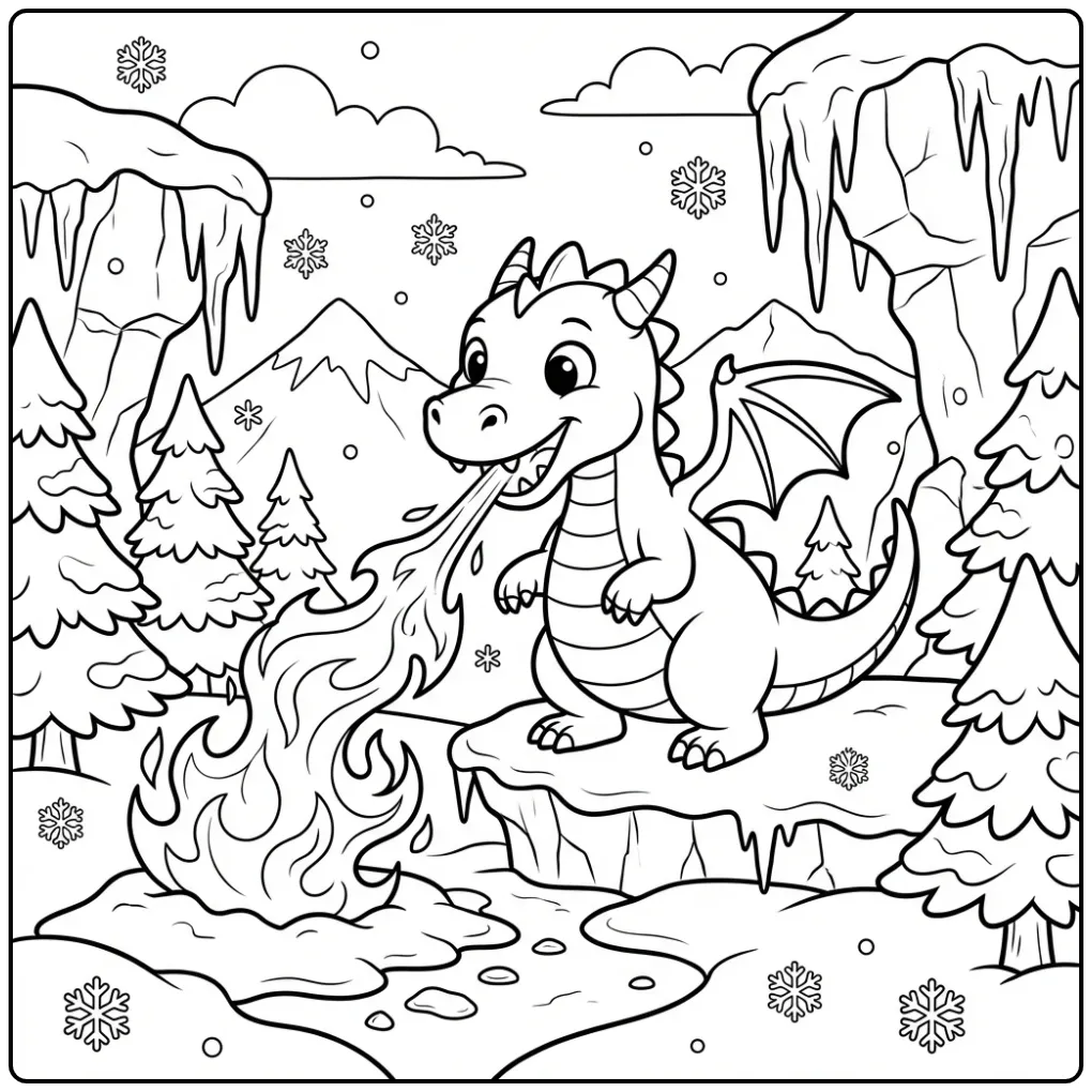 Schattige kleurplaat draak met vuur en sneeuwbergen.