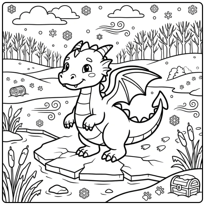 Schattige kleurplaat draak op een bevroren meer in de winter.