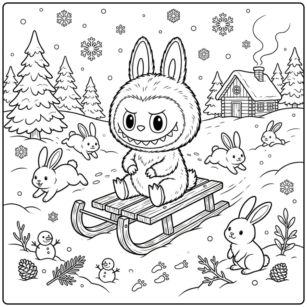 Schattige labubu kleurplaat have a seat op een slee in de sneeuw.