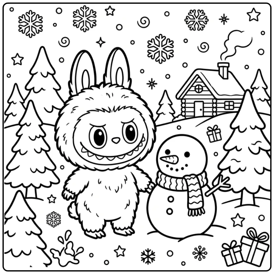 Schattige labubu kleurplaat makkelijk met sneeuwpop.