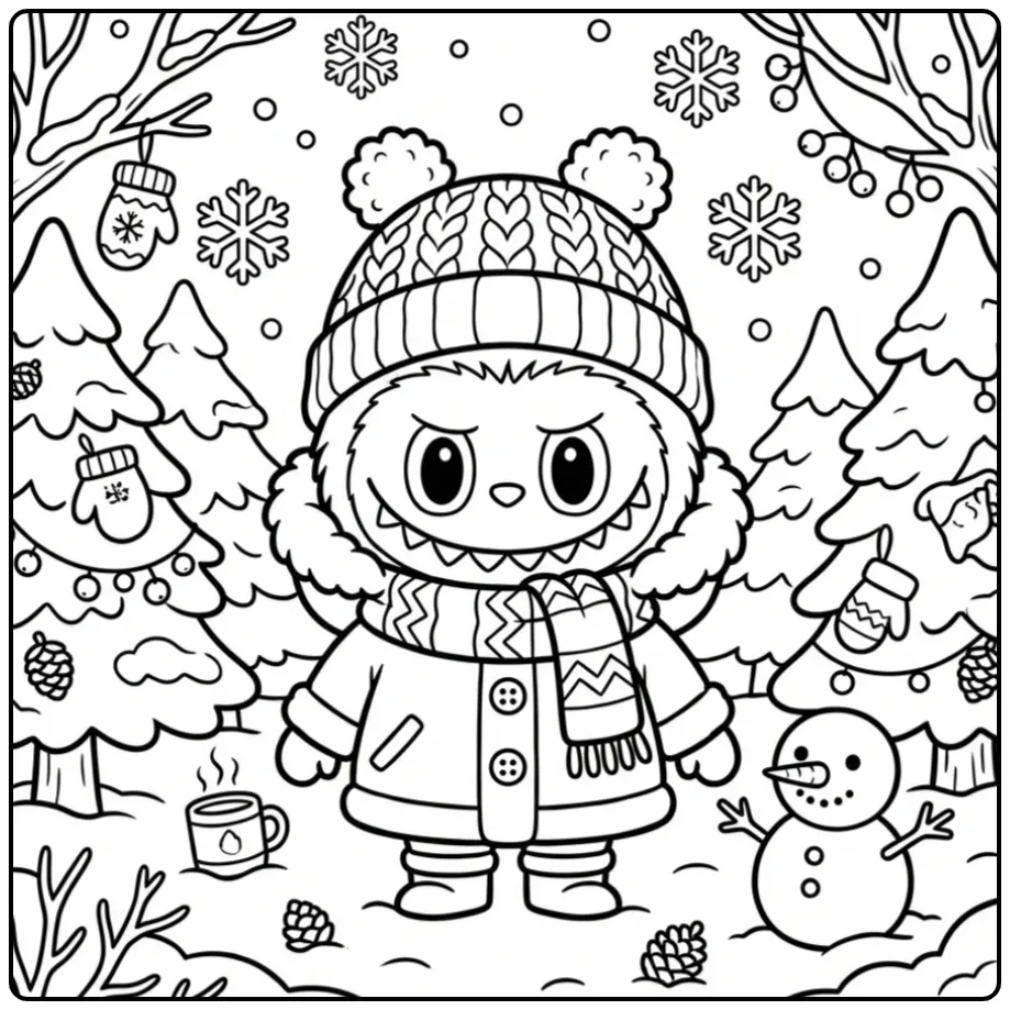 Een labubu kleurplaat met kleren, muts en sneeuwman.