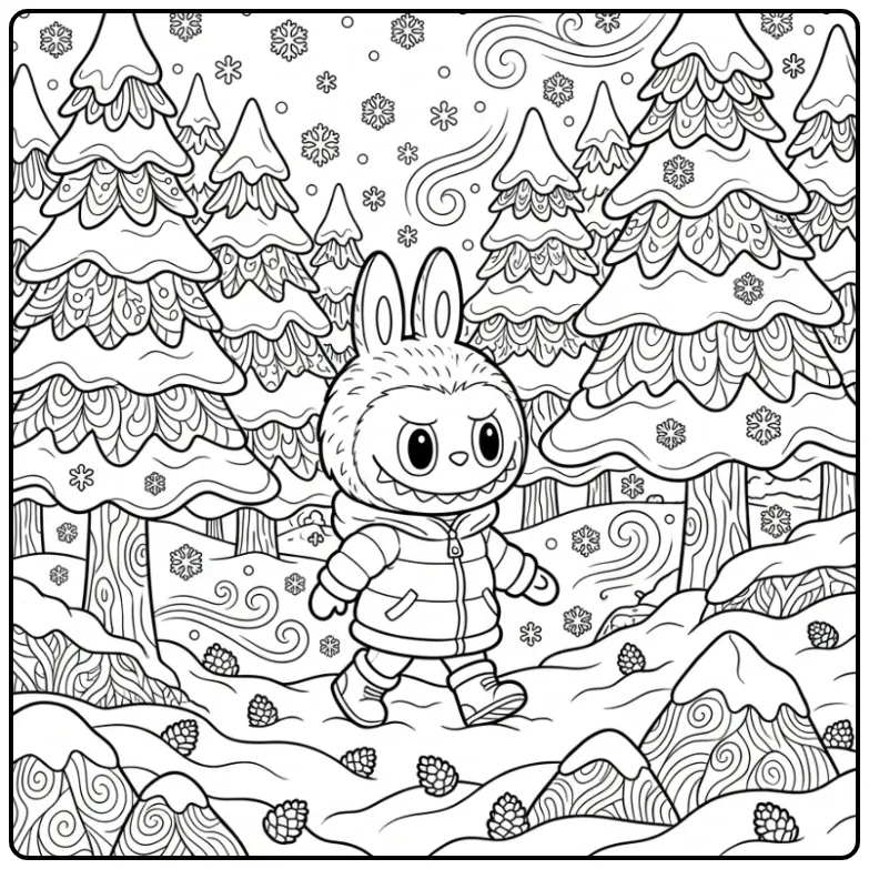 Labubu kleurplaat moeilijk met sneeuw en dennenbomen.