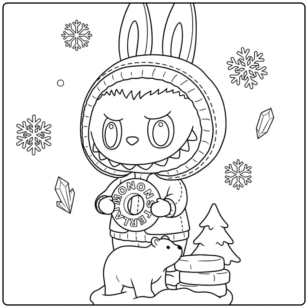 Mint Candy kleurplaat van een monstertje met een ijsbeer in de sneeuw.