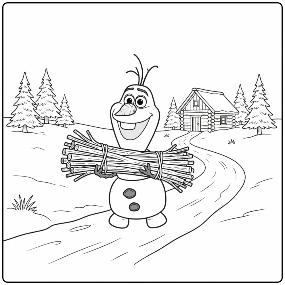 Een olaf kleurplaat waar hij takken draagt in de sneeuw.
