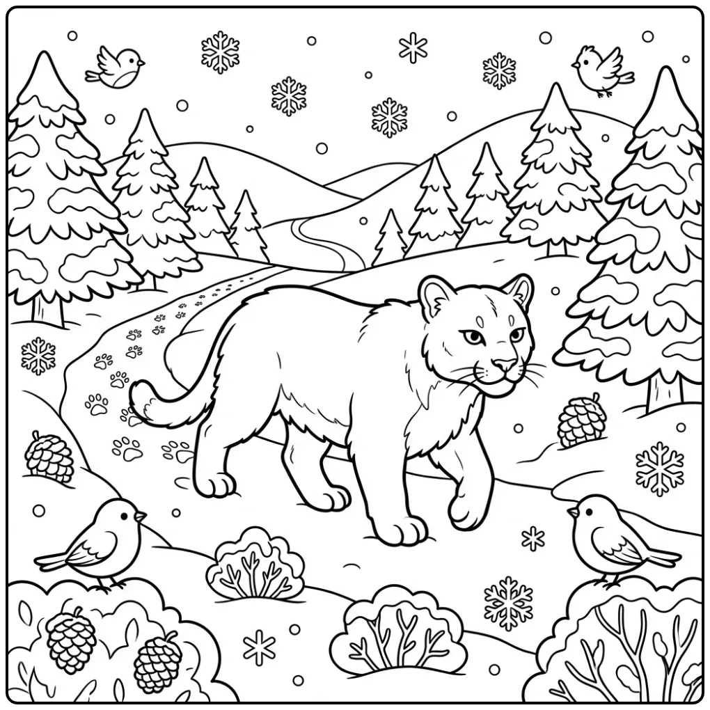 Schattige puma kleurplaat wandelend door een winters bos.