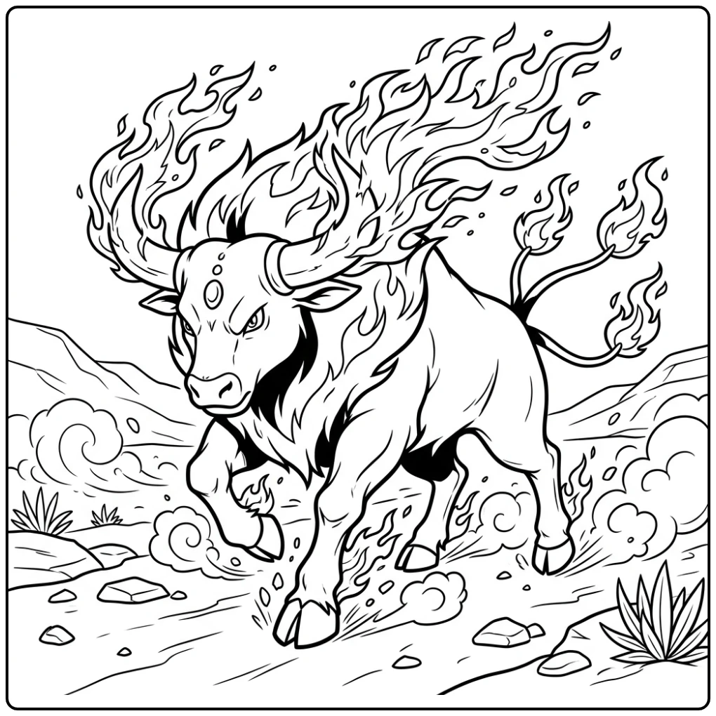 Tauros Blaze Breed pokemon kleurplaat laadt vurig op met hoorns in vlammen.