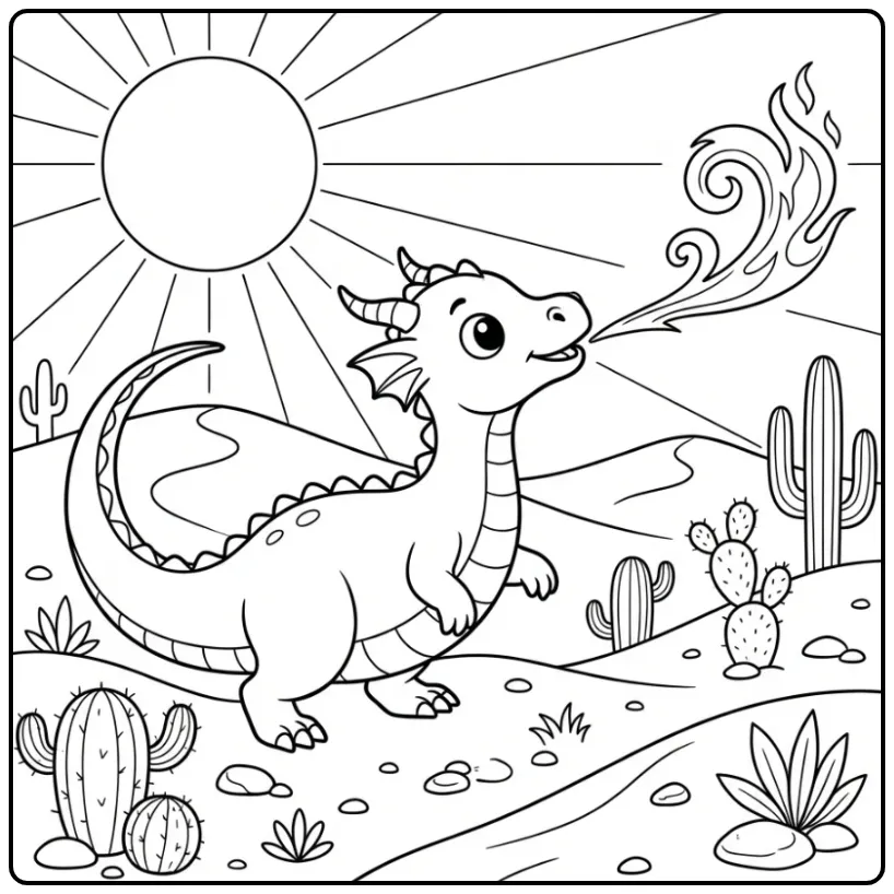 Vrolijke kleurplaat draak met vuur tussen cactussen en zand.