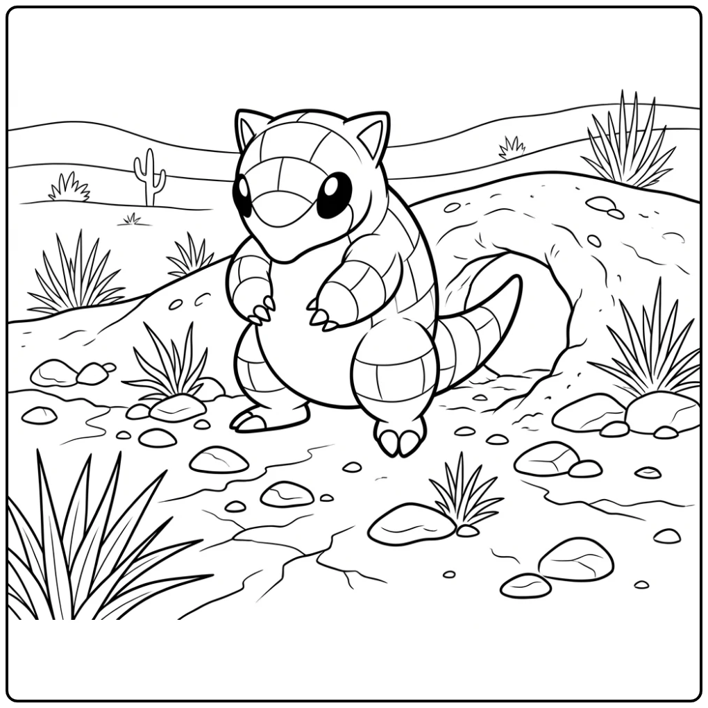 Schattige Sandshrew kleurplaat bij een zanderige tunnel.