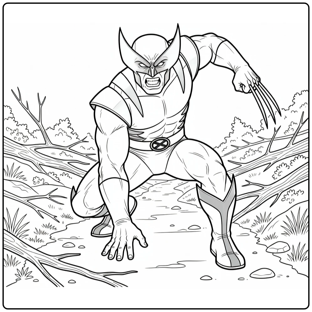 Wolverine kleurplaat: grommende wolverine verdedigt bospad met takken en struiken