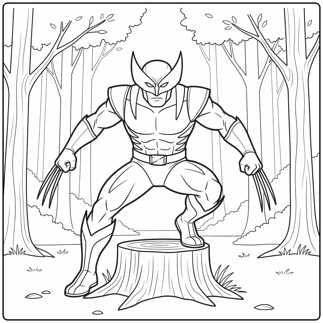Wolverine kleurplaat: hurkend op boomstronk in bos met klauwen