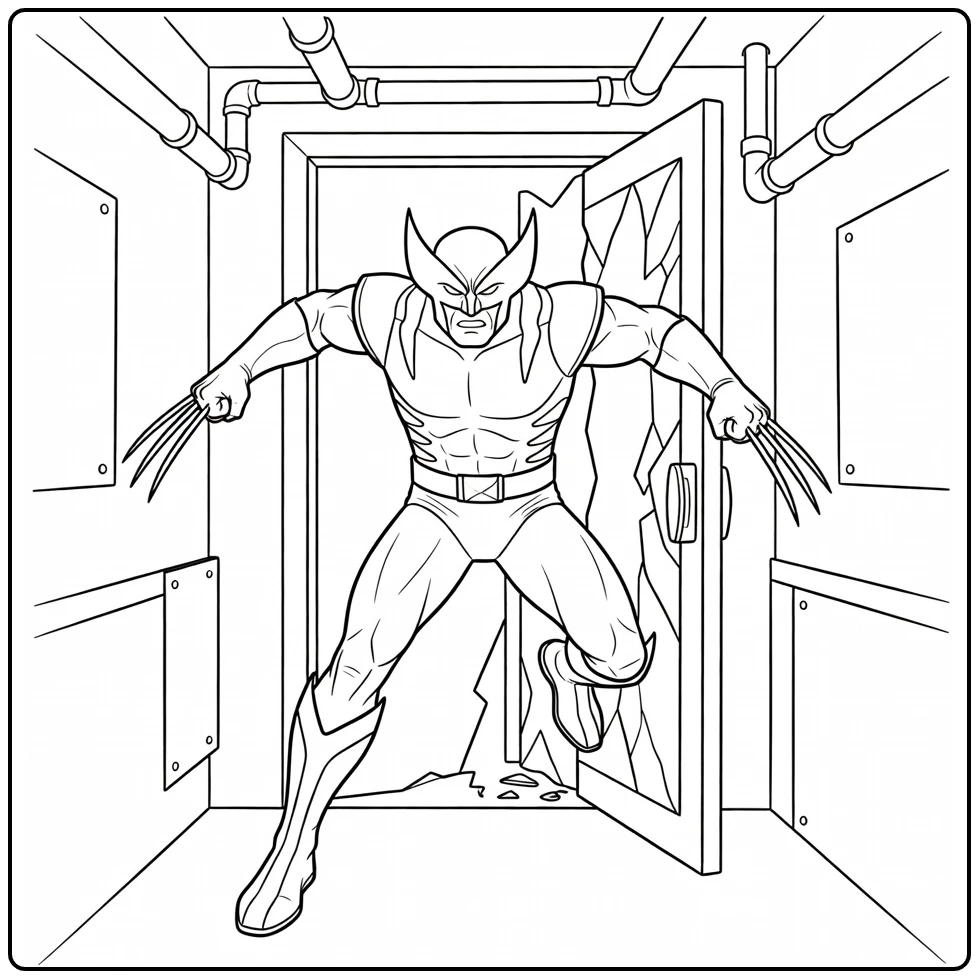 Wolverine kleurplaat: door gebroken deur in gang met klauwen