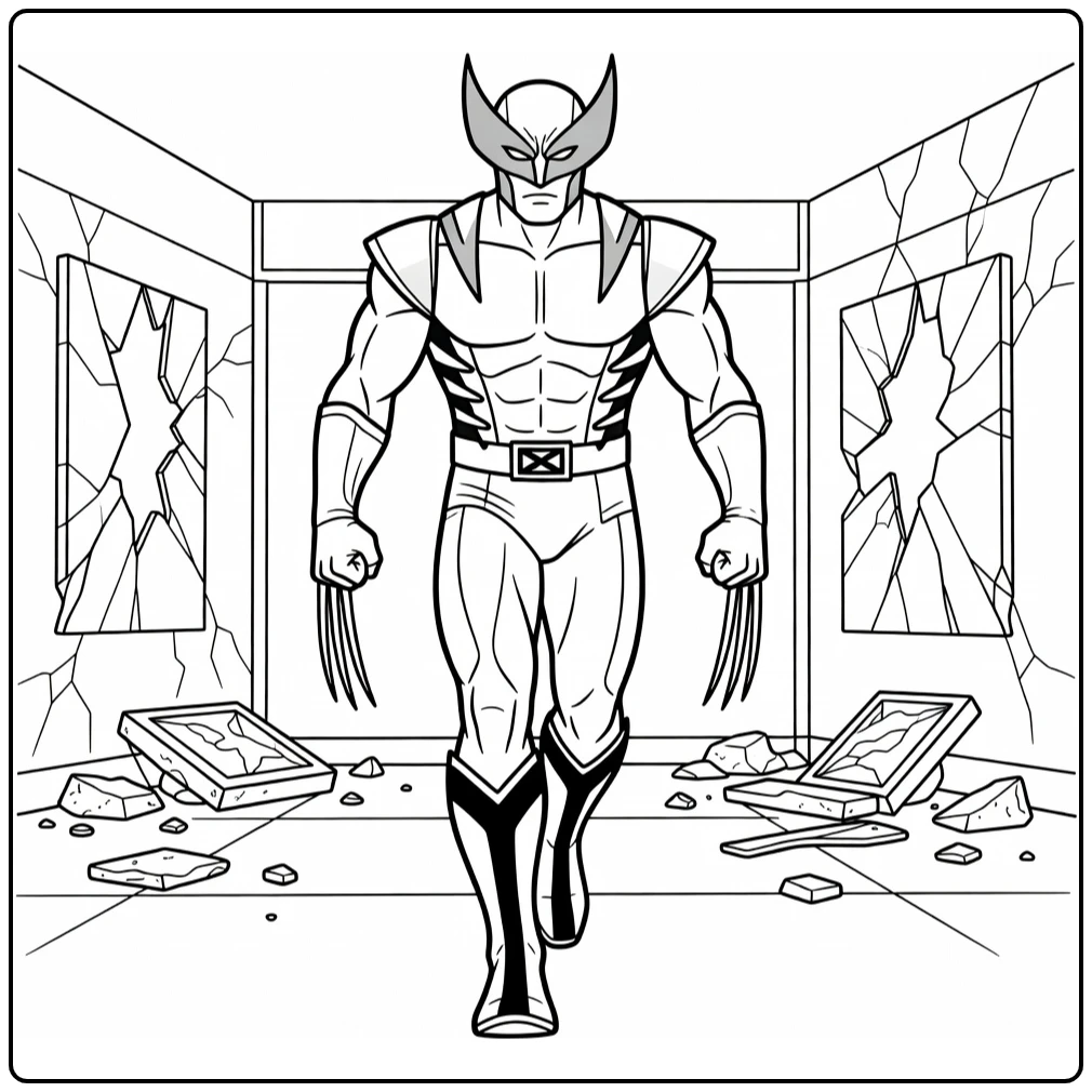 Wolverine kleurplaat: loopt door beschadigde zaal met klauwen