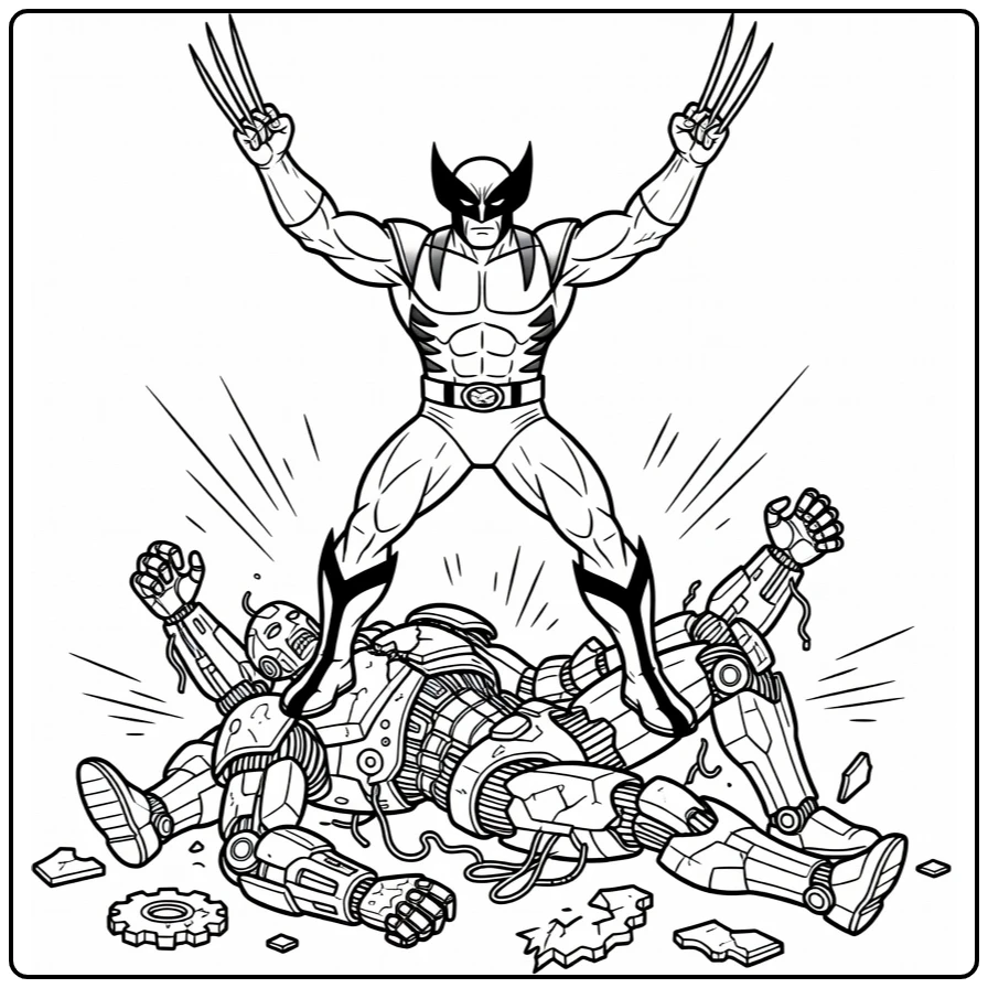 Wolverine kleurplaat: triomferend op gebroken robot