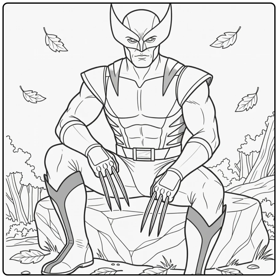 Wolverine kleurplaat: zittend op grote steen na gevecht, kalm krachtig