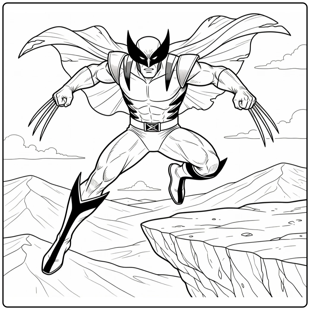 Wolverine kleurplaat: springend van klif met klauwen