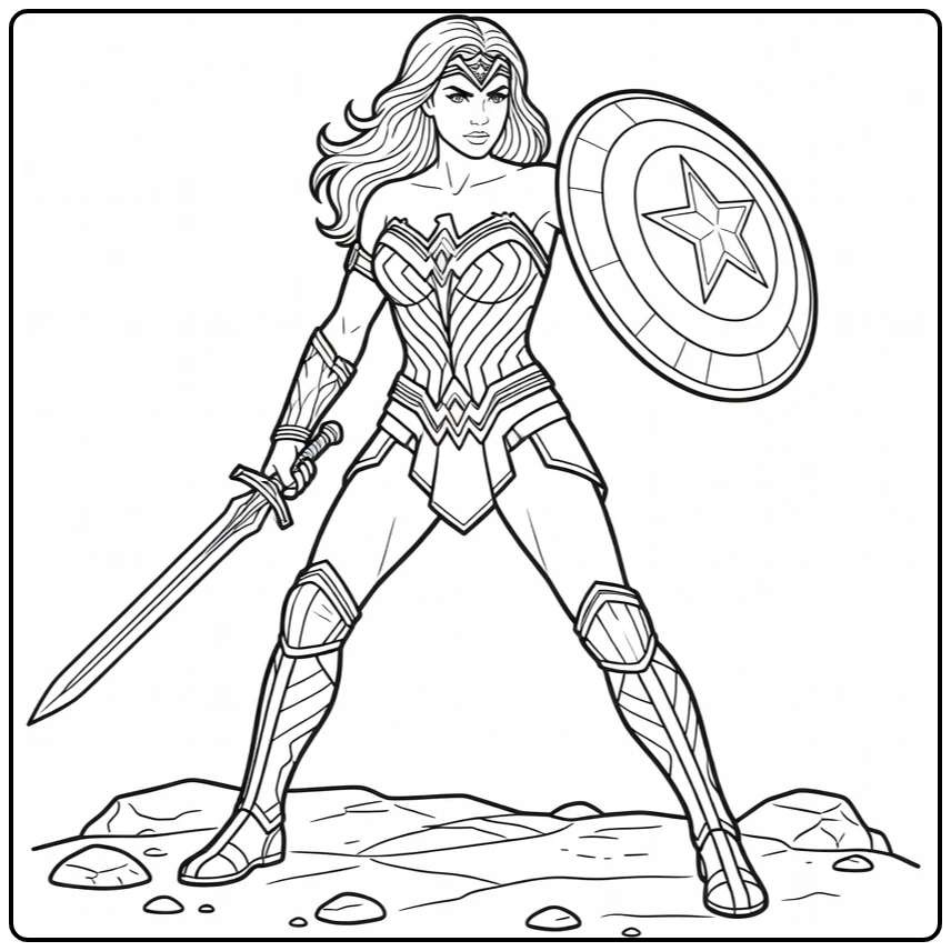 Wonder Woman kleurplaat: strijdpose met opgeheven schild en zwaard omlaag op rotsen