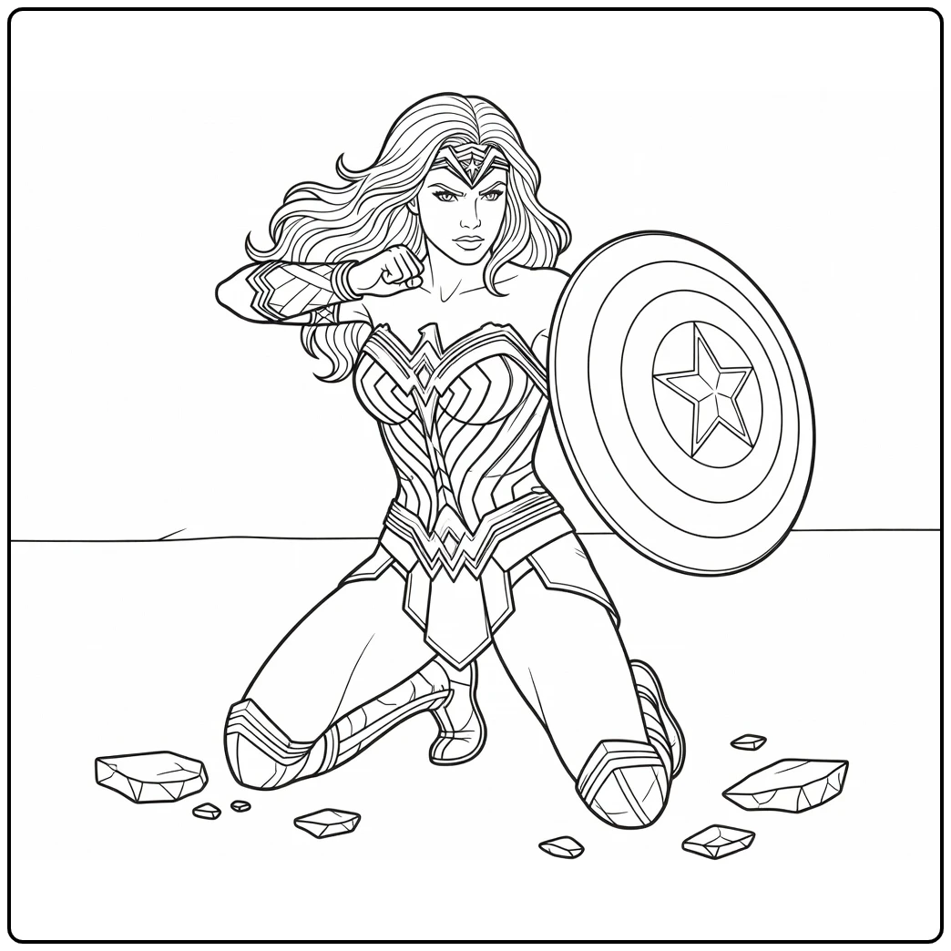 Wonder Woman kleurplaat: knielend met schild en gekruiste armbanden