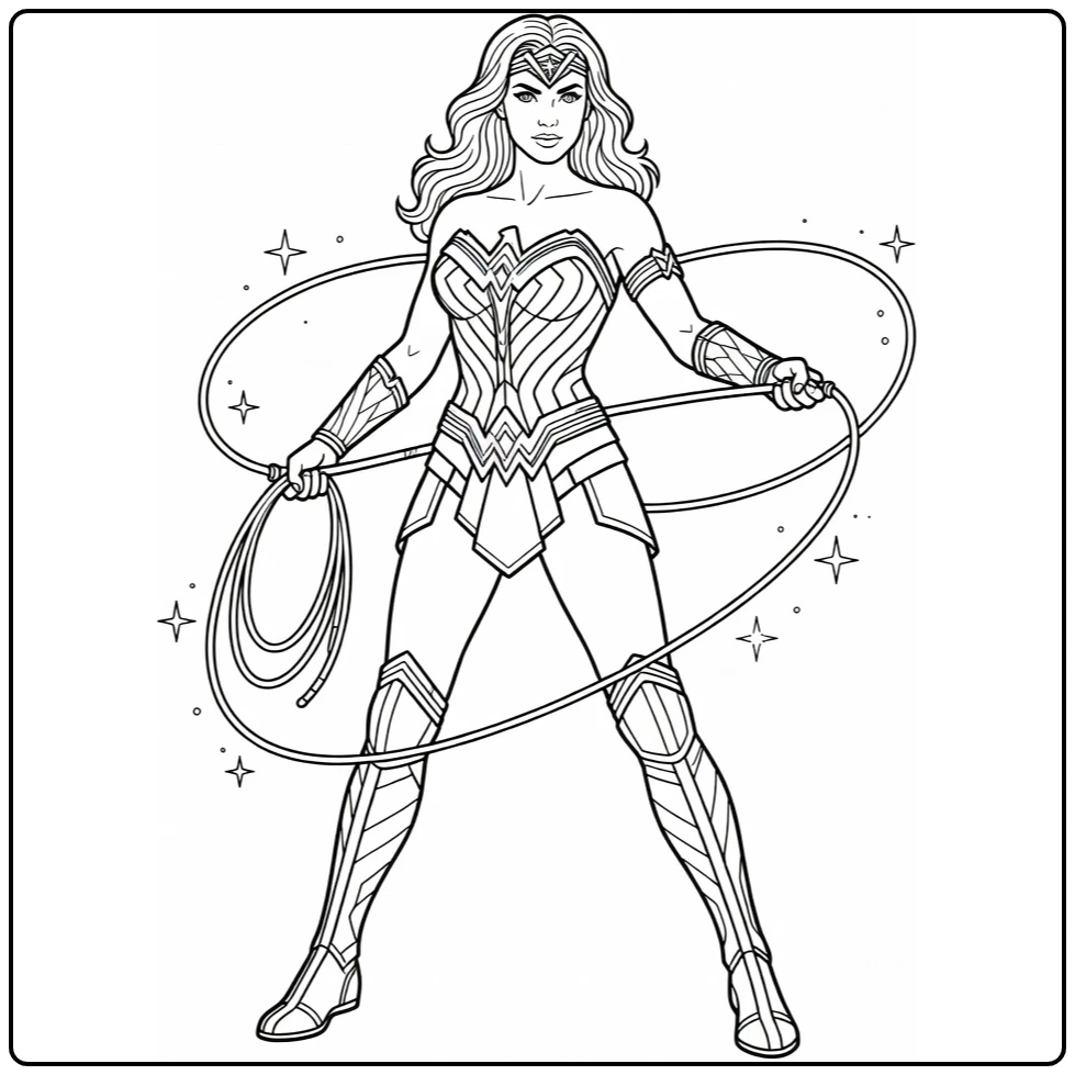 Wonder Woman kleurplaat: Lasso van de Waarheid in cirkel