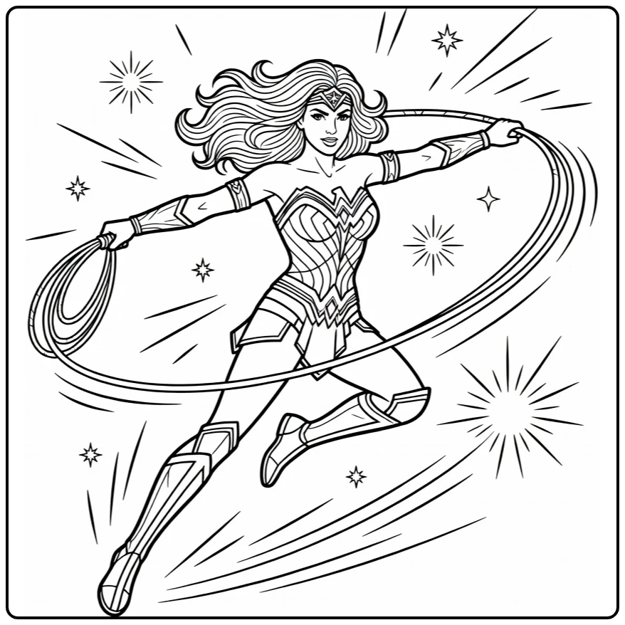Wonder Woman kleurplaat: lasso draaiend in actie, haar wapperend