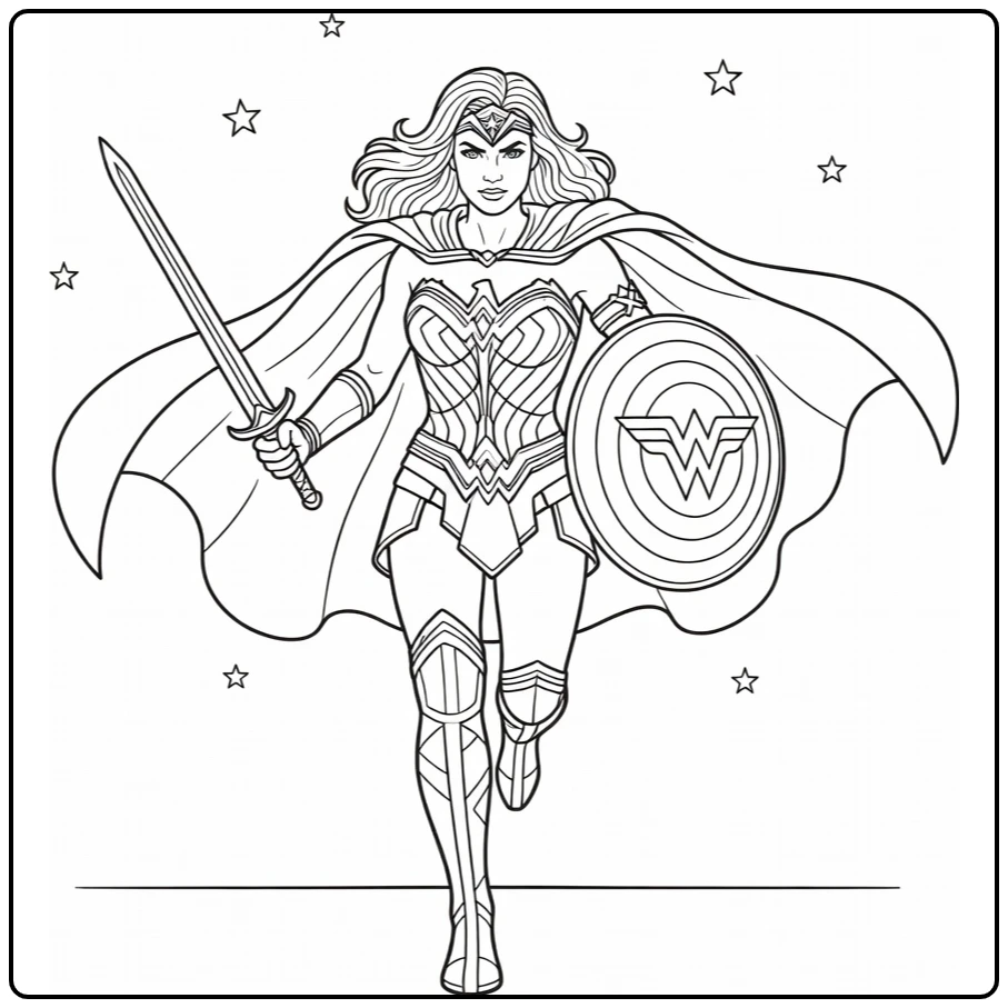 Wonder Woman kleurplaat: rennend vol zelfvertrouwen, cape wapperend, zwaard en schild gereed