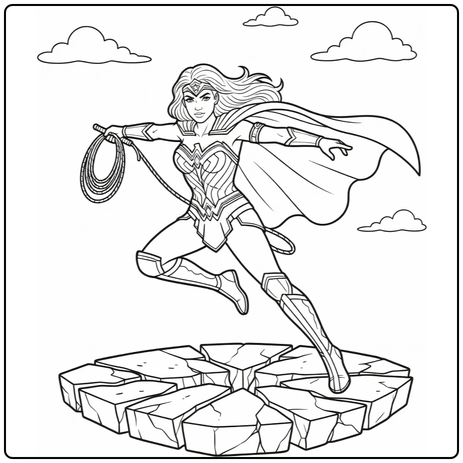 Wonder Woman kleurplaat: springend over gebarsten platform met lasso