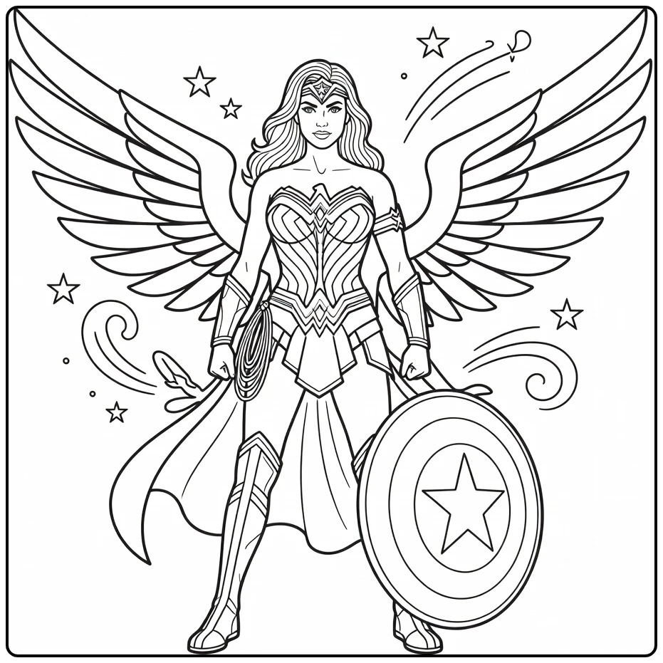 Wonder Woman kleurplaat: trots met schild op grond en adelaar