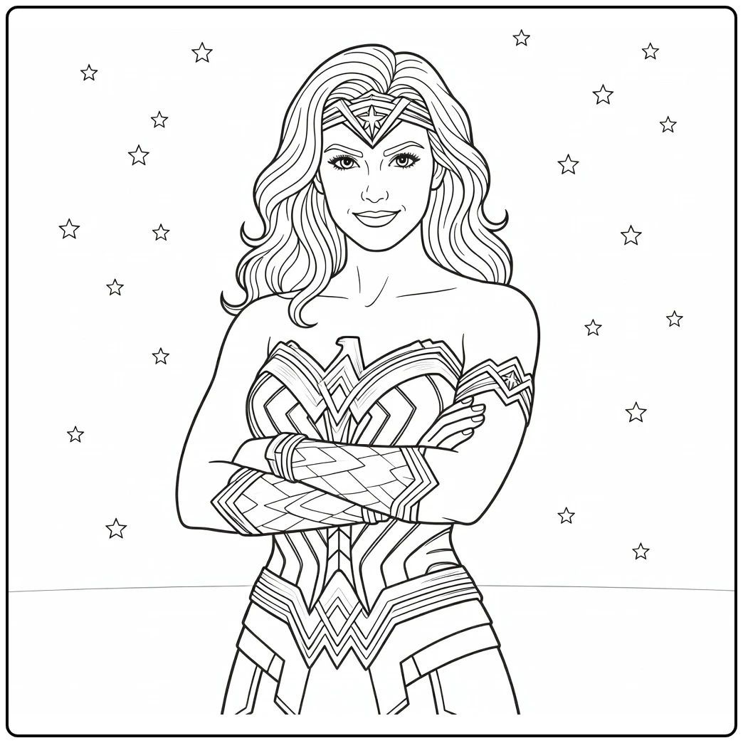 Wonder Woman kleurplaat met gekruiste armen en glimlach
