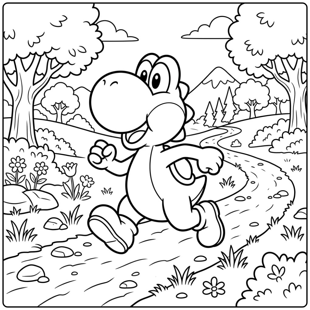 Snelle Yoshi kleurplaat op een pad met struiken en rotsen