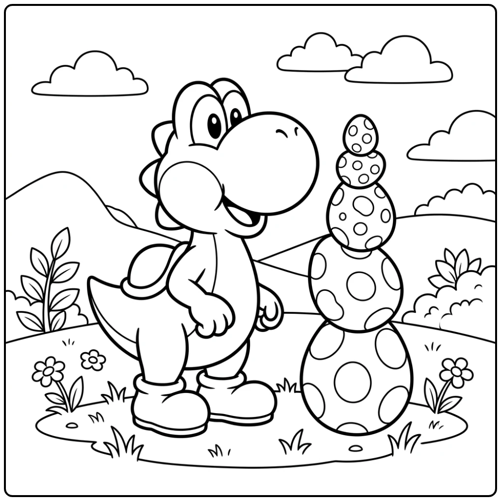 Leuke yoshi kleurplaat, Yoshi bij eieren van diverse formaten.