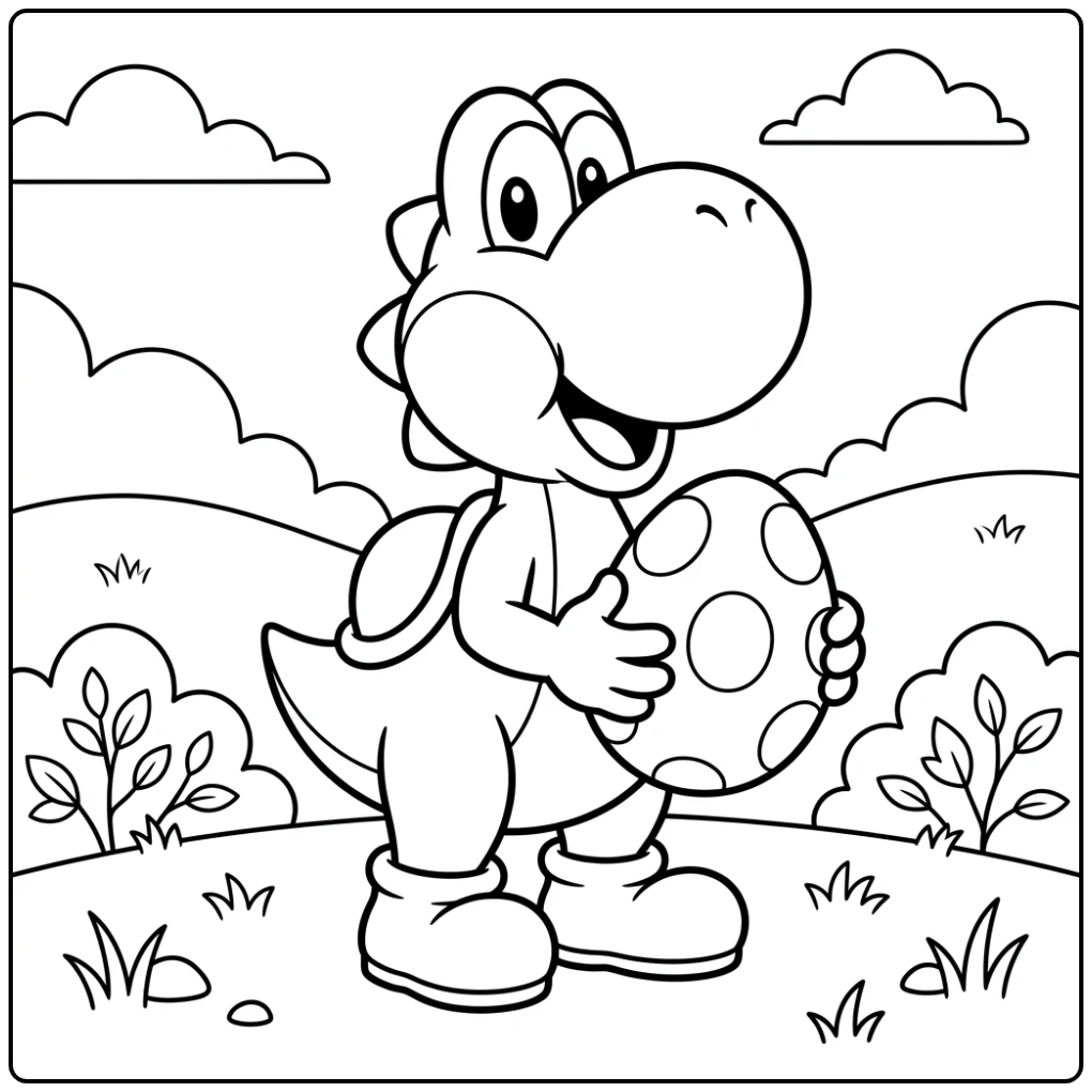 Vrolijke yoshi kleurplaat van Yoshi met gestippeld ei en heuvels.